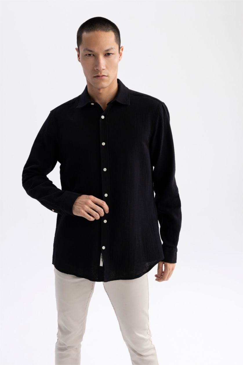 HOMME Noir Chemise en coton à manches longues et à Col Polo Coupe moderne