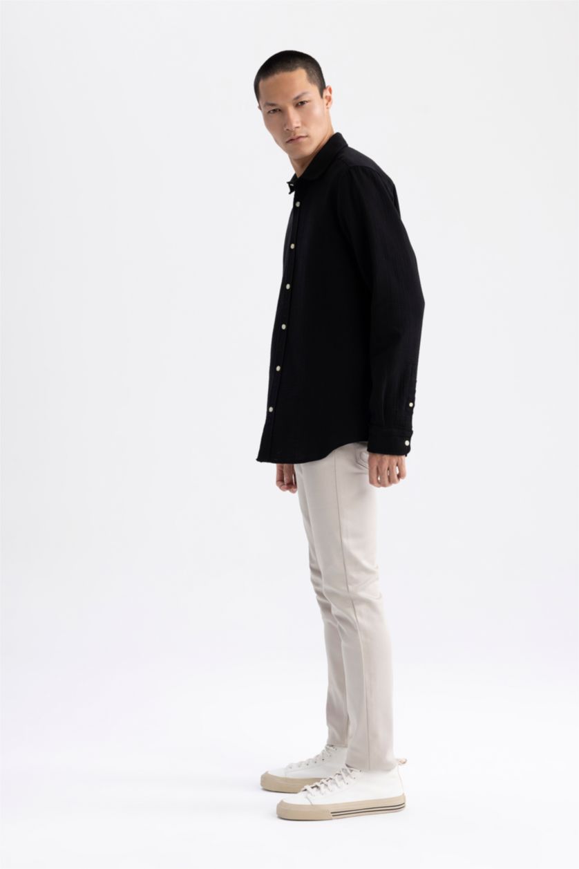 HOMME Noir Chemise en coton à manches longues et à Col Polo Coupe moderne