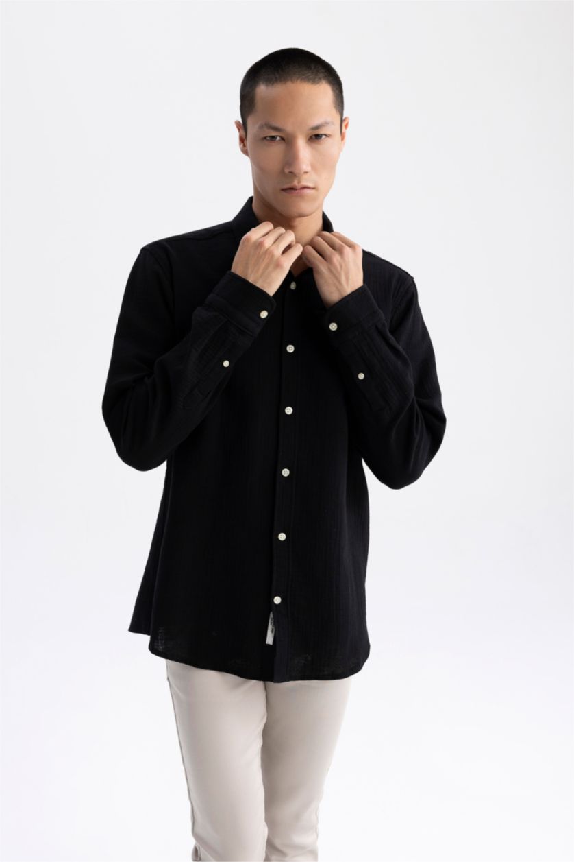 HOMME Noir Chemise en coton à manches longues et à Col Polo Coupe moderne