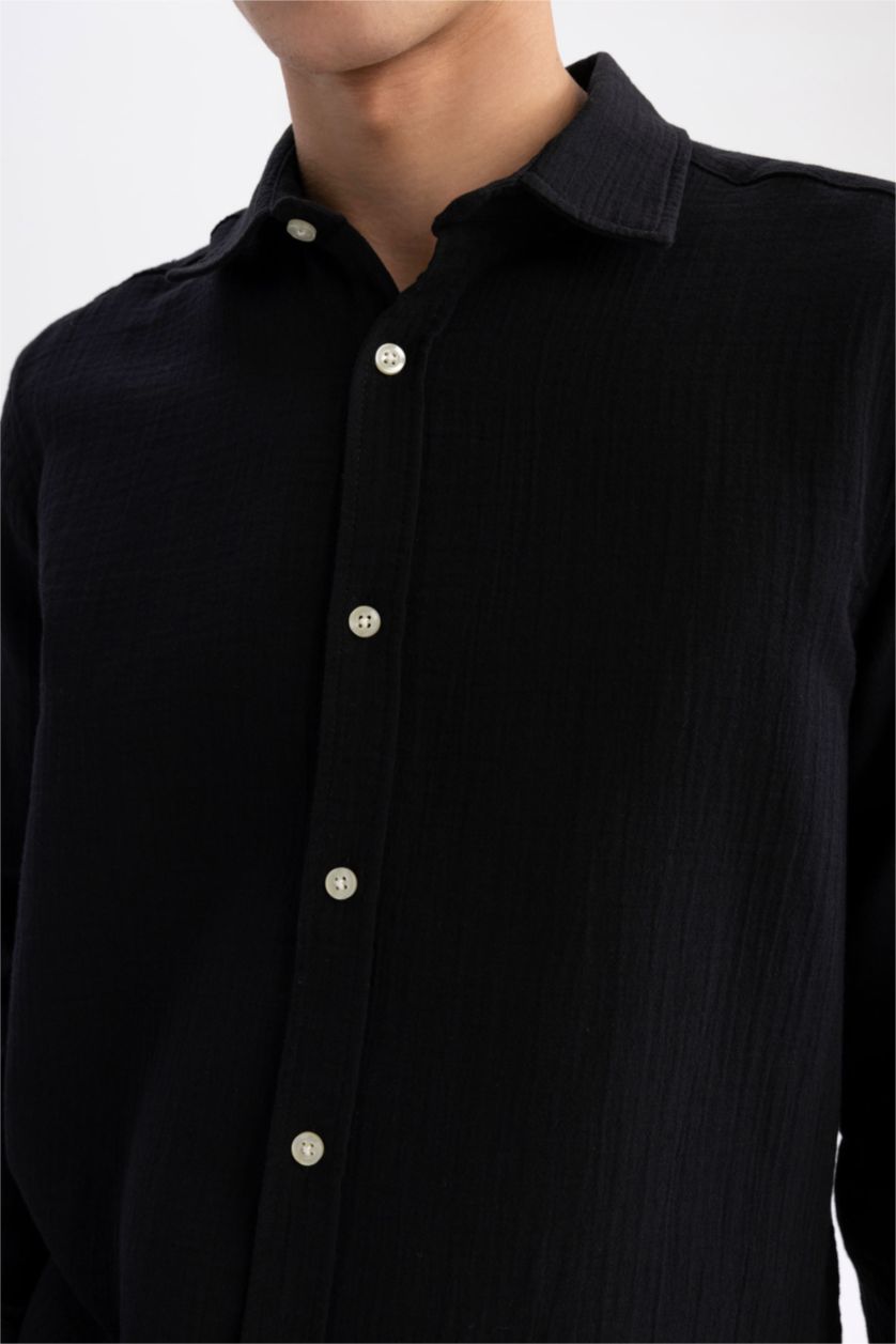 HOMME Noir Chemise en coton à manches longues et à Col Polo Coupe moderne
