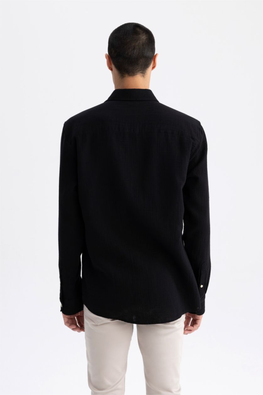 HOMME Noir Chemise en coton à manches longues et à Col Polo Coupe moderne