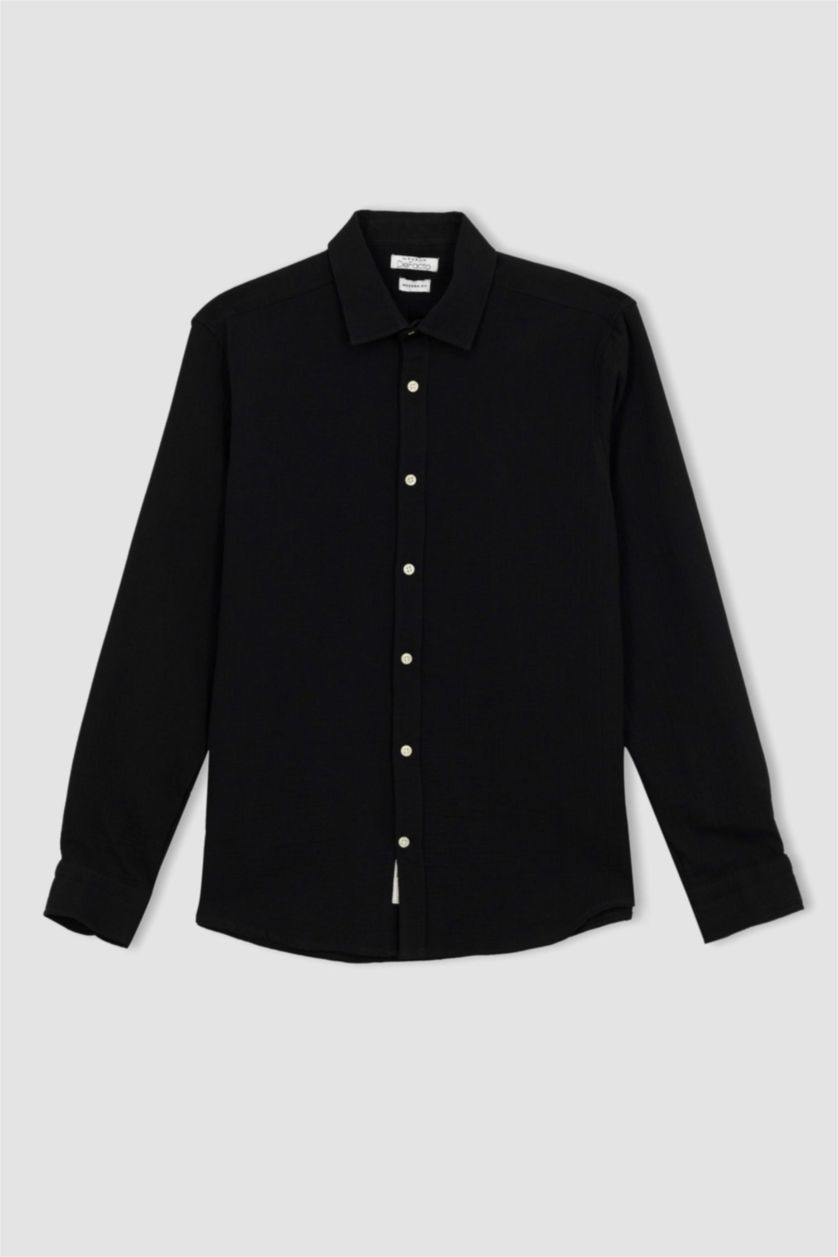 HOMME Noir Chemise en coton à manches longues et à Col Polo Coupe moderne