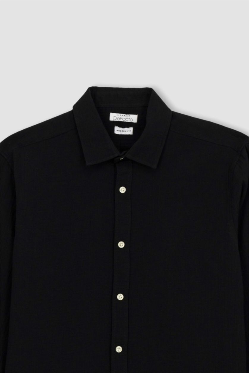 HOMME Noir Chemise en coton à manches longues et à Col Polo Coupe moderne