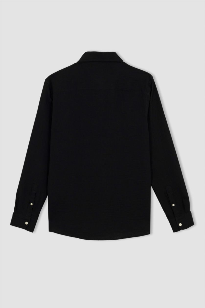 HOMME Noir Chemise en coton à manches longues et à Col Polo Coupe moderne