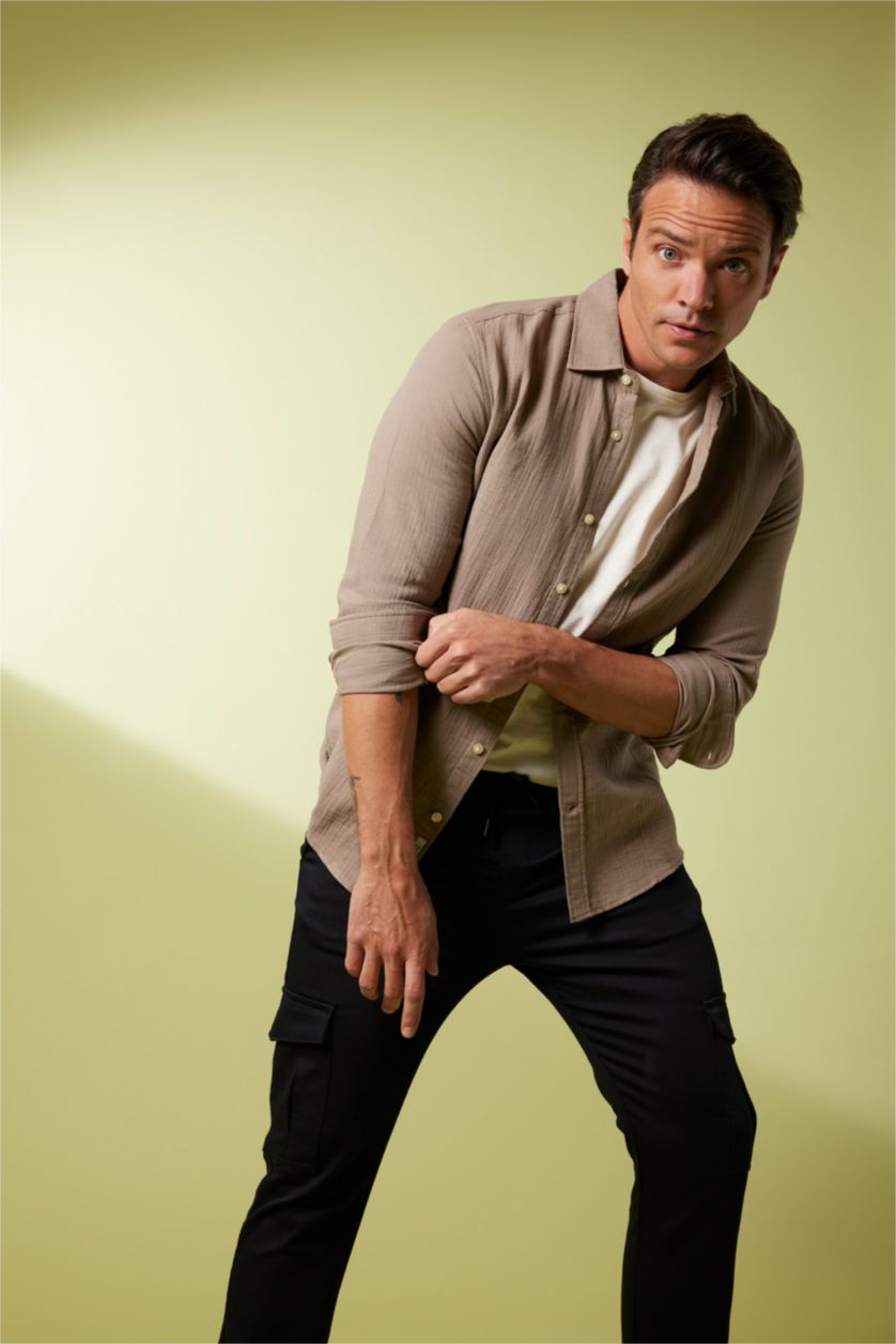 Ерлер Қоңыр поло жаға мақта Ұзын жеңді көйлек