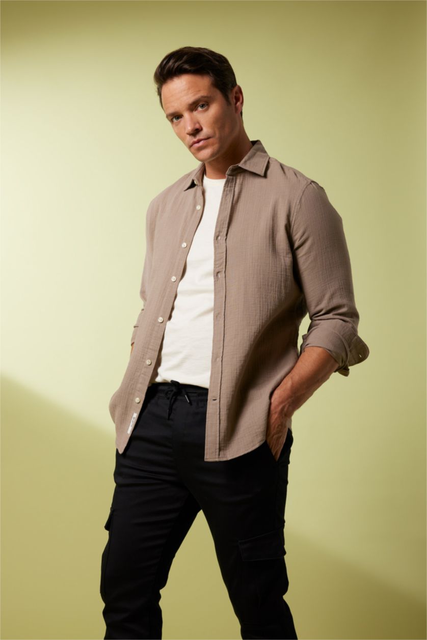 Ерлер Қоңыр поло жаға мақта Ұзын жеңді көйлек