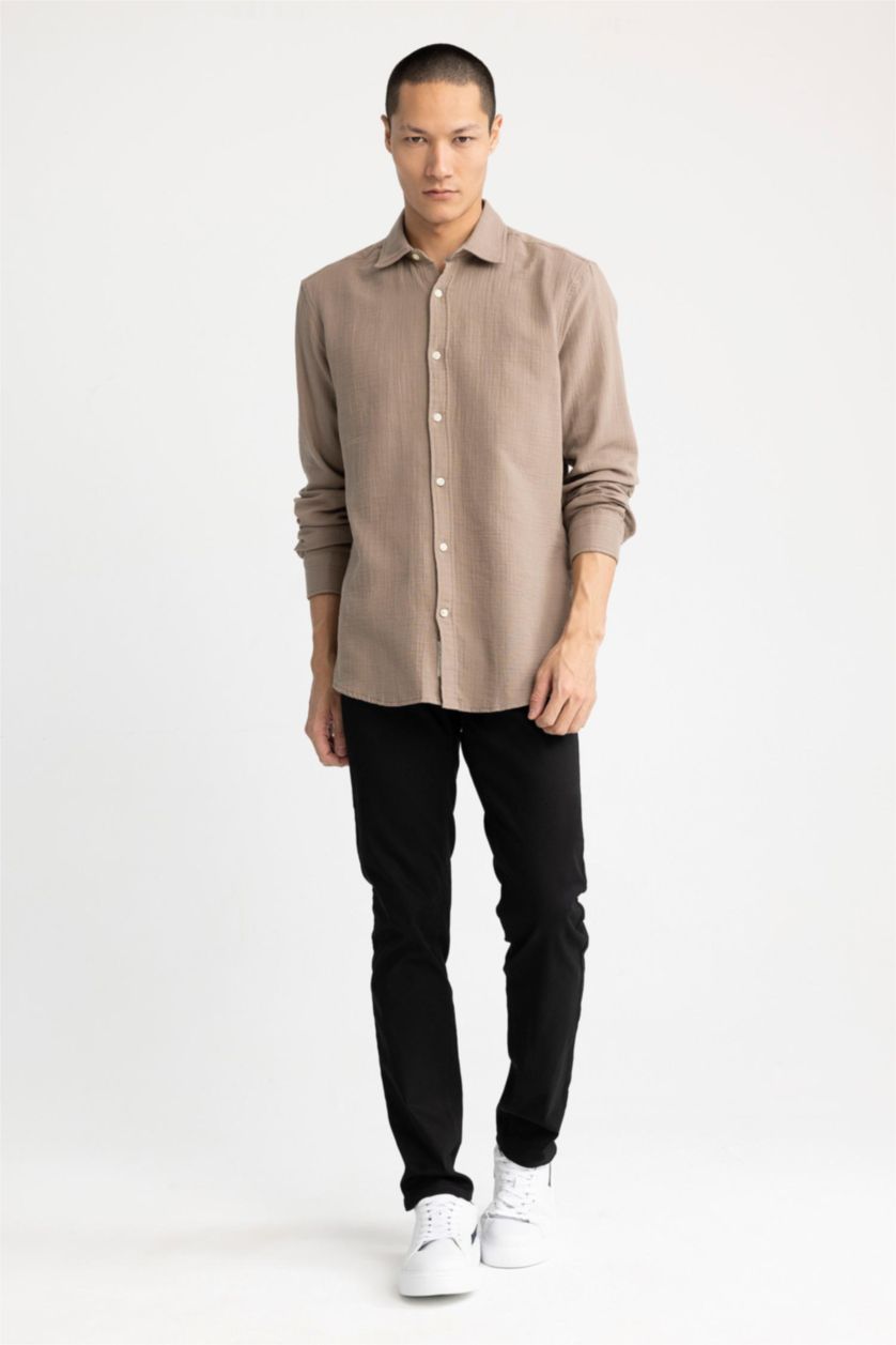 Ерлер Қоңыр поло жаға мақта Ұзын жеңді көйлек