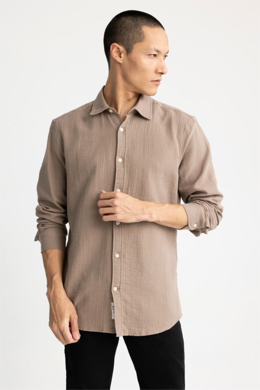 Ерлер Қоңыр поло жаға мақта Ұзын жеңді көйлек