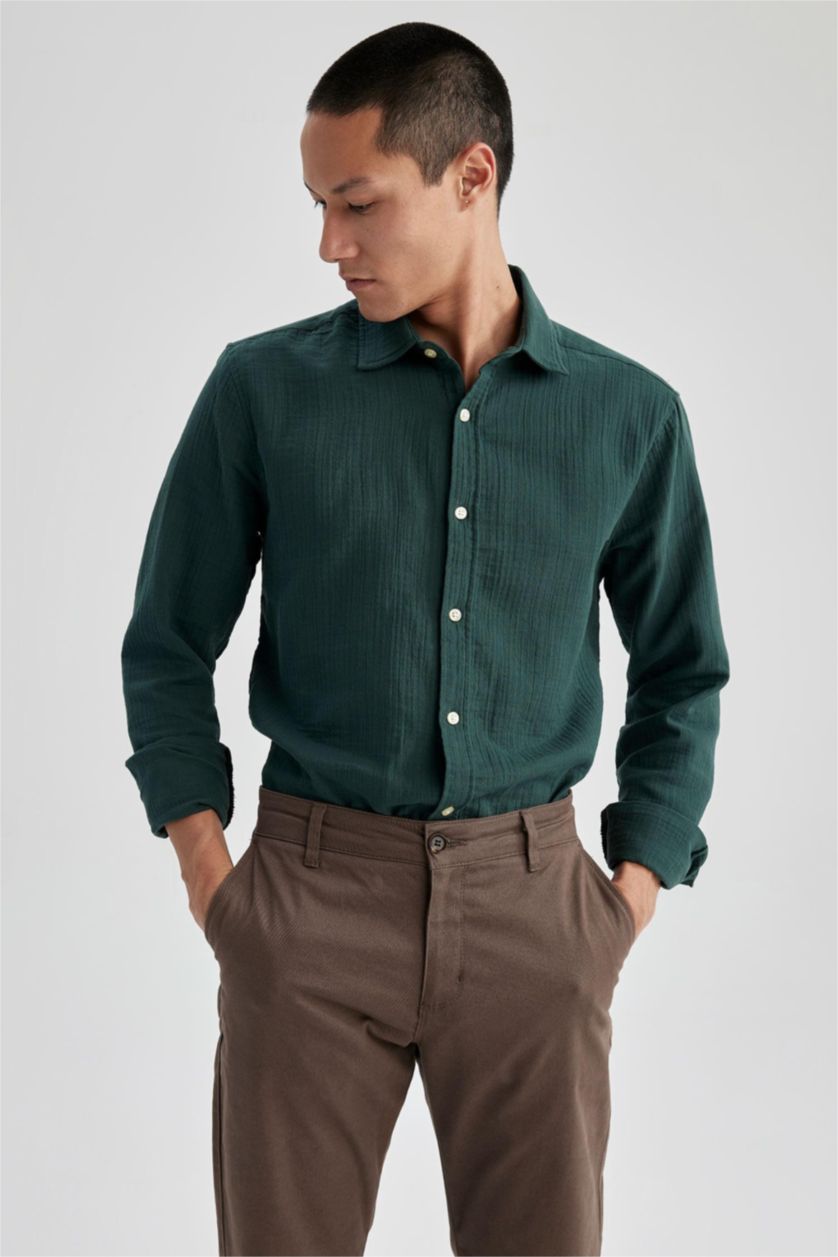 رجالي أخضر غامق قميص كم طويل مودرن فيت بياقة بولو