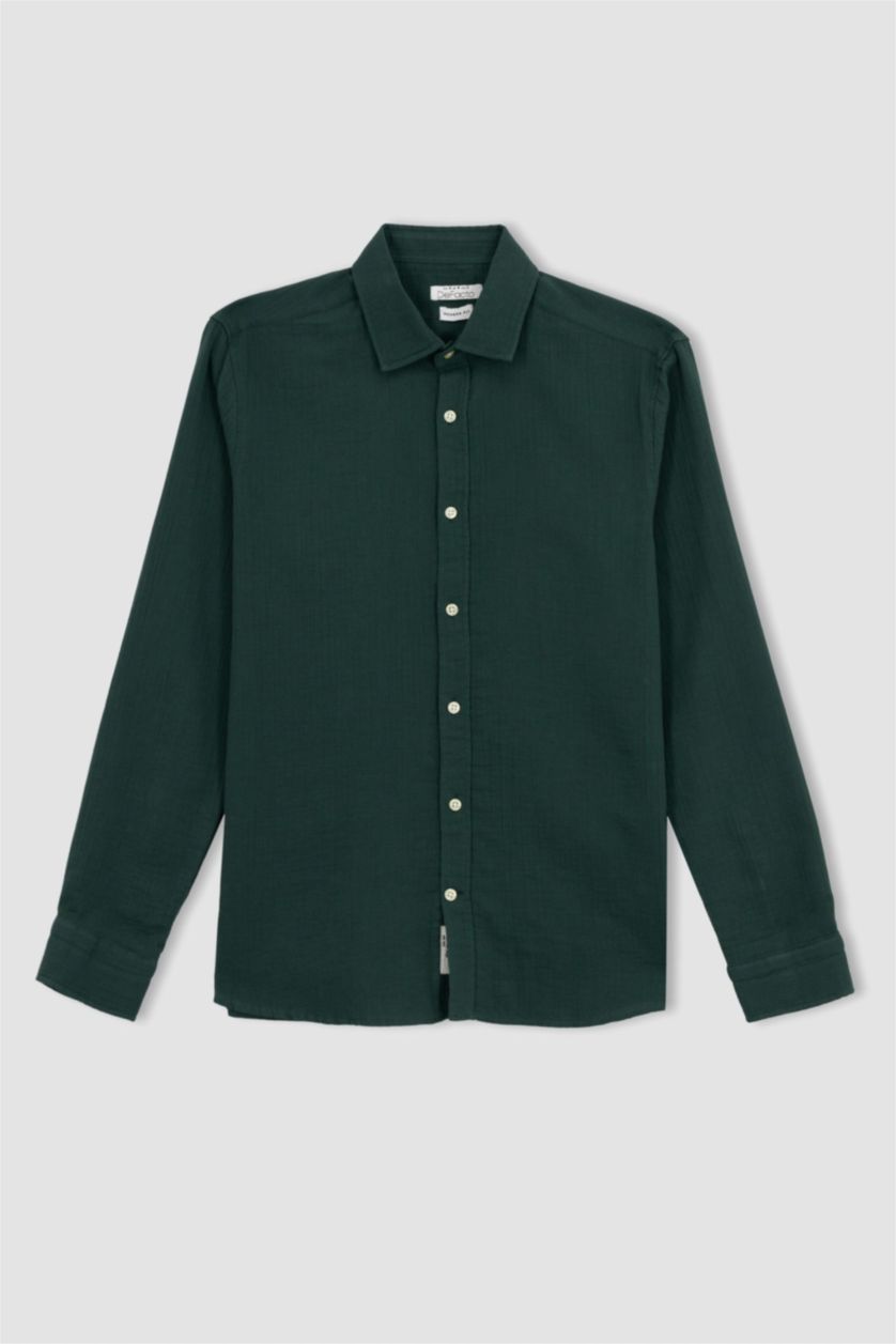 رجالي أخضر غامق قميص كم طويل مودرن فيت بياقة بولو