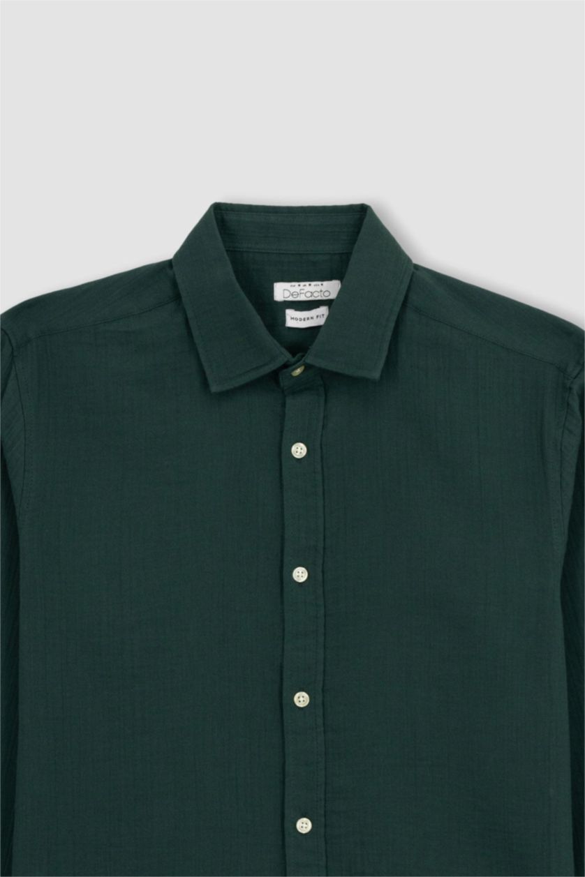 رجالي أخضر غامق قميص كم طويل مودرن فيت بياقة بولو