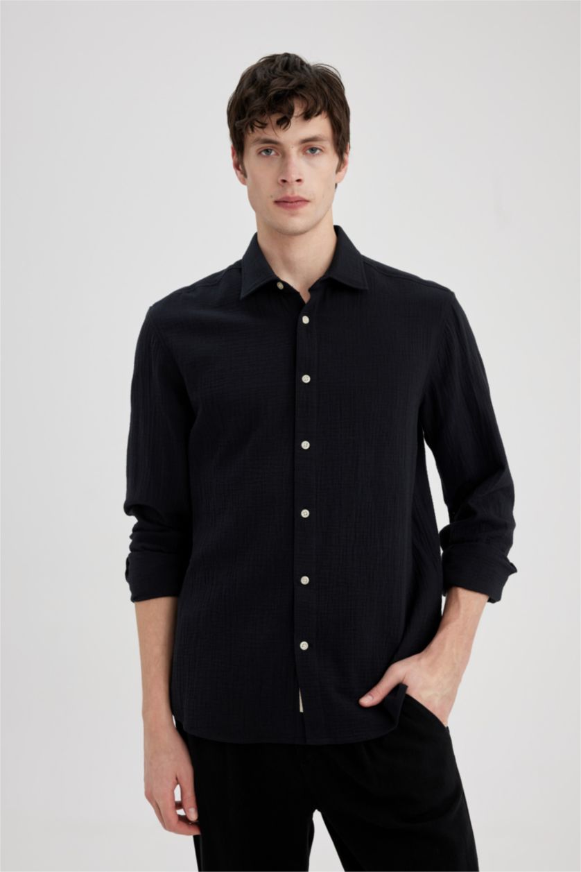 HOMME Noir Chemise à manches longues et à Col Polo Coupe régulière