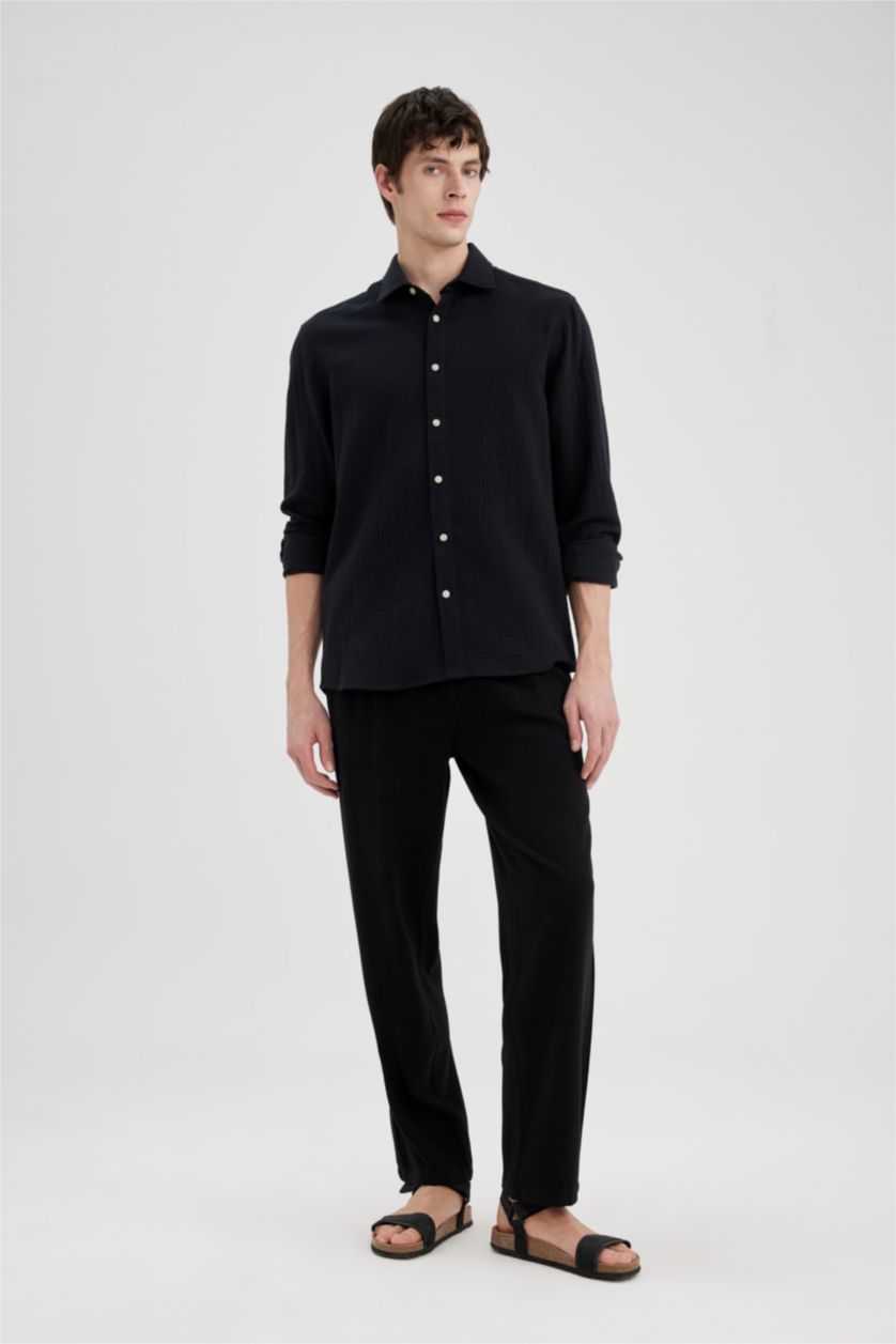 HOMME Noir Chemise à manches longues et à Col Polo Coupe régulière