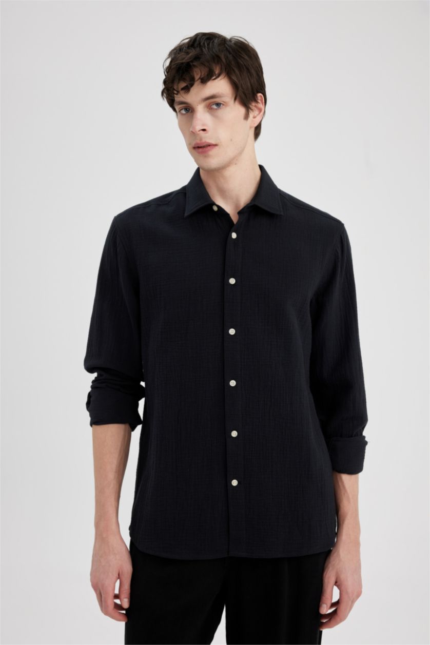 HOMME Noir Chemise à manches longues et à Col Polo Coupe régulière