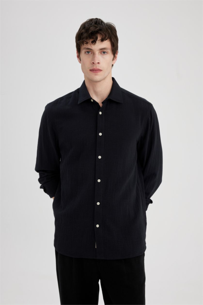 HOMME Noir Chemise à manches longues et à Col Polo Coupe régulière