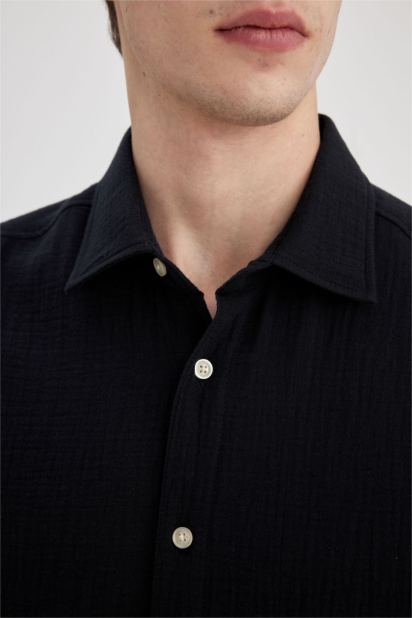 HOMME Noir Chemise à manches longues et à Col Polo Coupe régulière