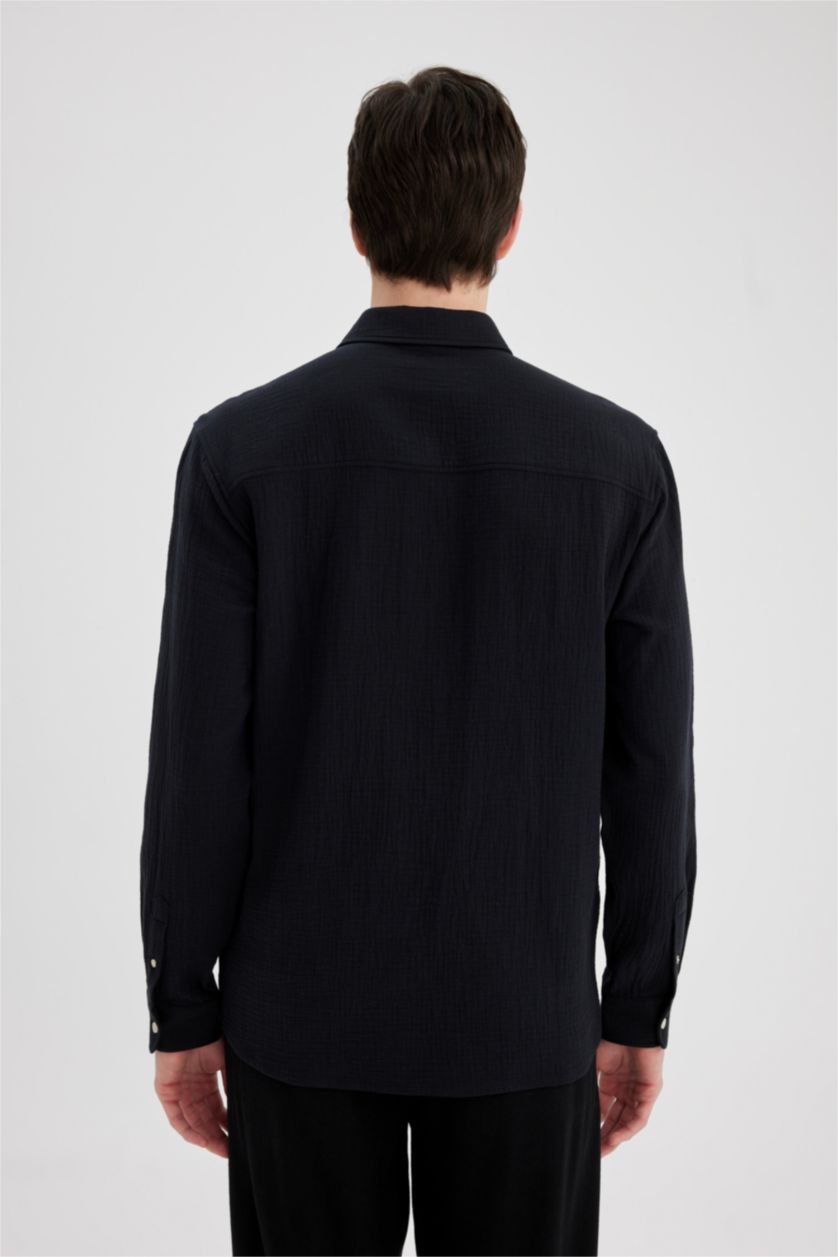 HOMME Noir Chemise à manches longues et à Col Polo Coupe régulière