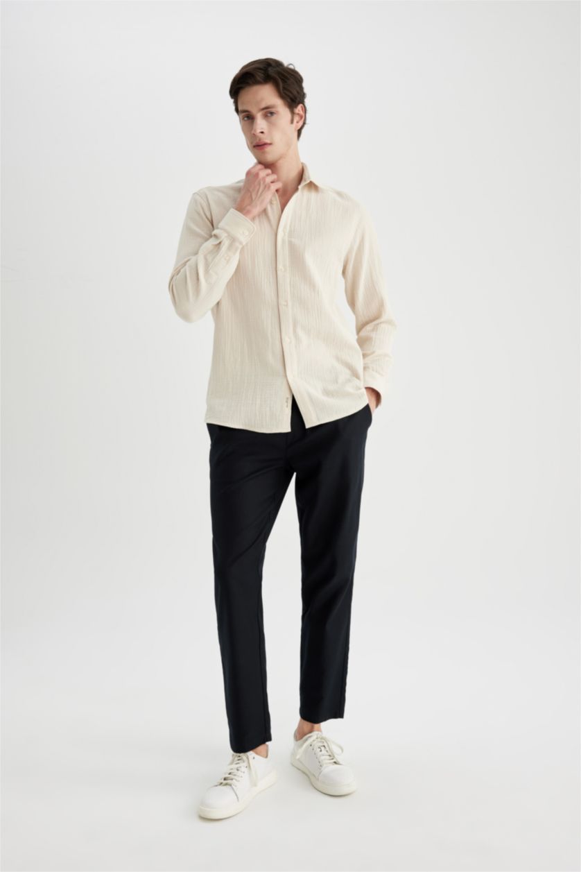 HOMME Blanc Chemise À Manches Longues Et Col Polo De Coupe Moderne