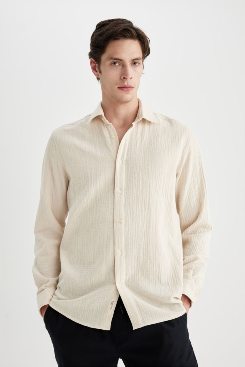HOMME Blanc Chemise À Manches Longues Et Col Polo De Coupe Moderne