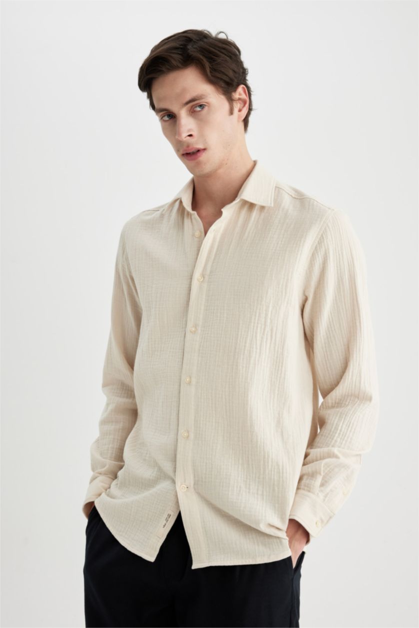 HOMME Blanc Chemise À Manches Longues Et Col Polo De Coupe Moderne