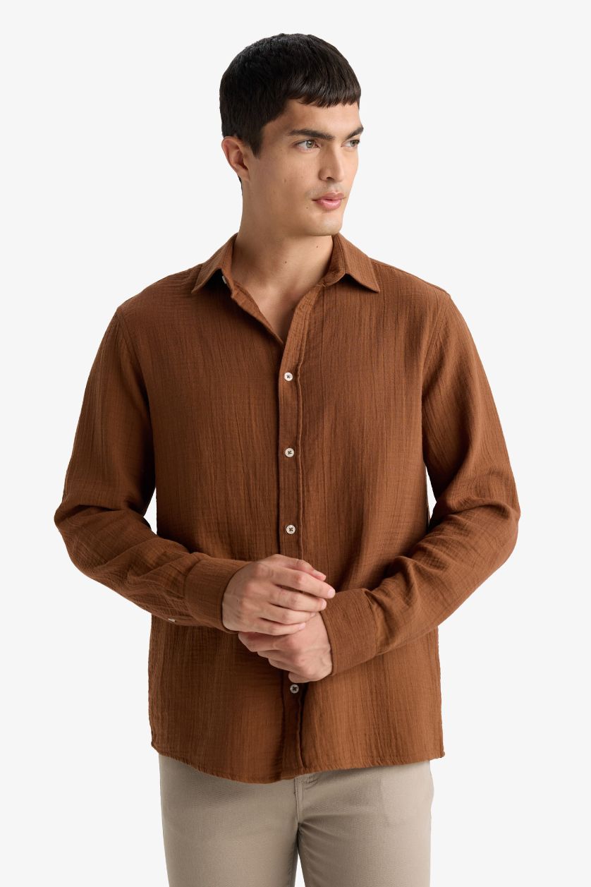 رجالي بني Regular Fit Polo Neck Muslin Long Sleeve Shirt