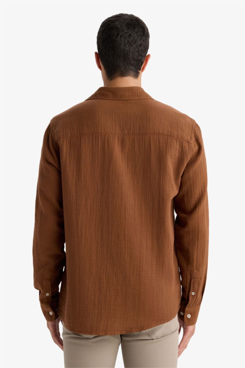 رجالي بني Regular Fit Polo Neck Muslin Long Sleeve Shirt
