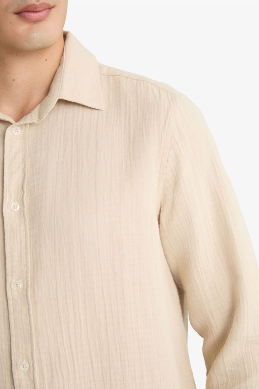 MAN Stone Regular Fit Polo Neck Muslin Long Sleeve Shirt