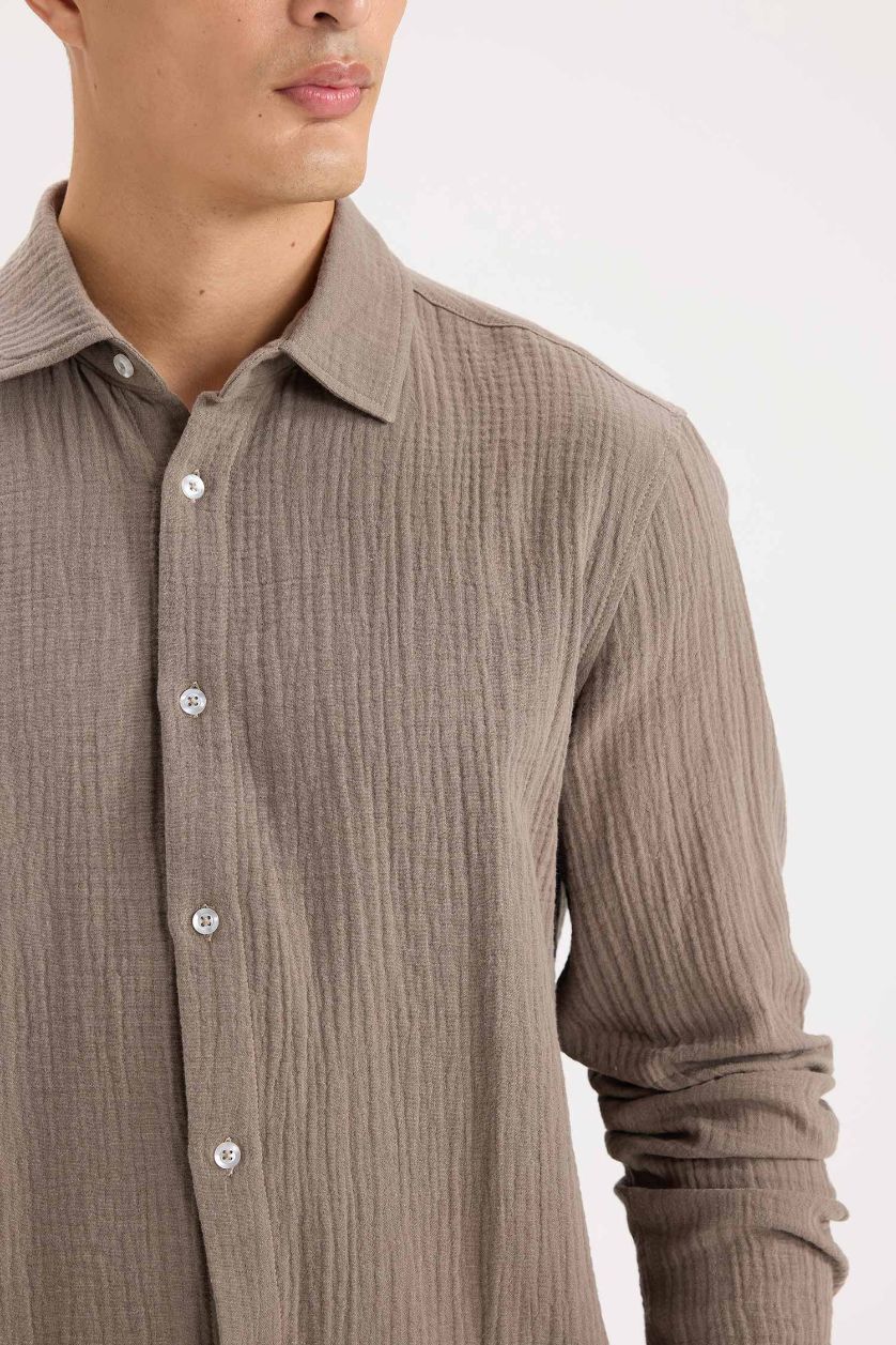 Erkek Açık Kahve %100 Pamuk Müslin Gömlek