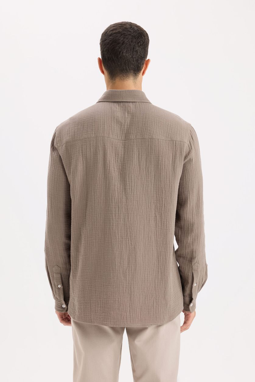 Erkek Açık Kahve %100 Pamuk Müslin Gömlek