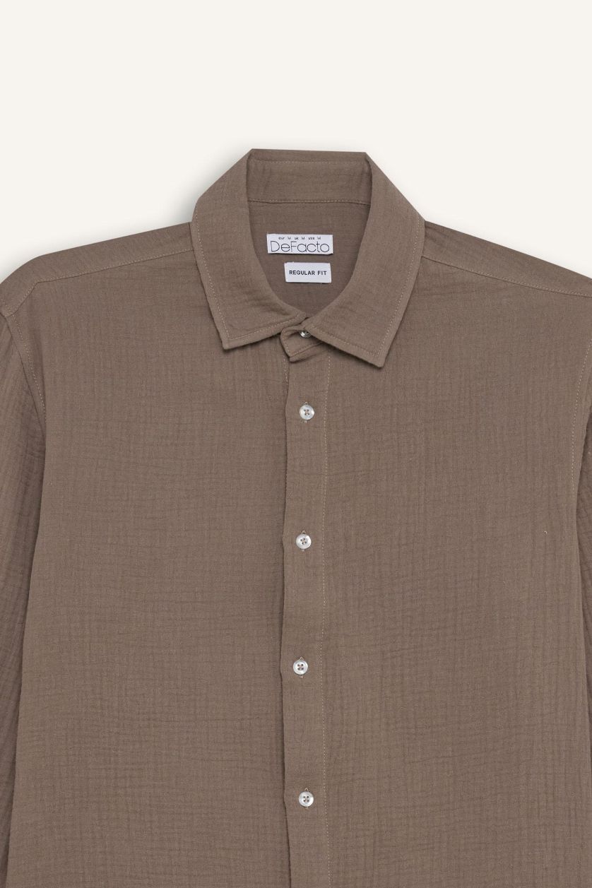 Erkek Açık Kahve %100 Pamuk Müslin Gömlek