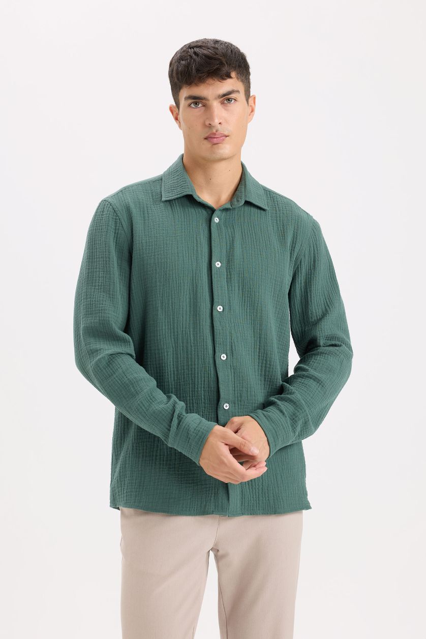 Erkek Koyu Yeşil %100 Pamuk Müslin Gömlek