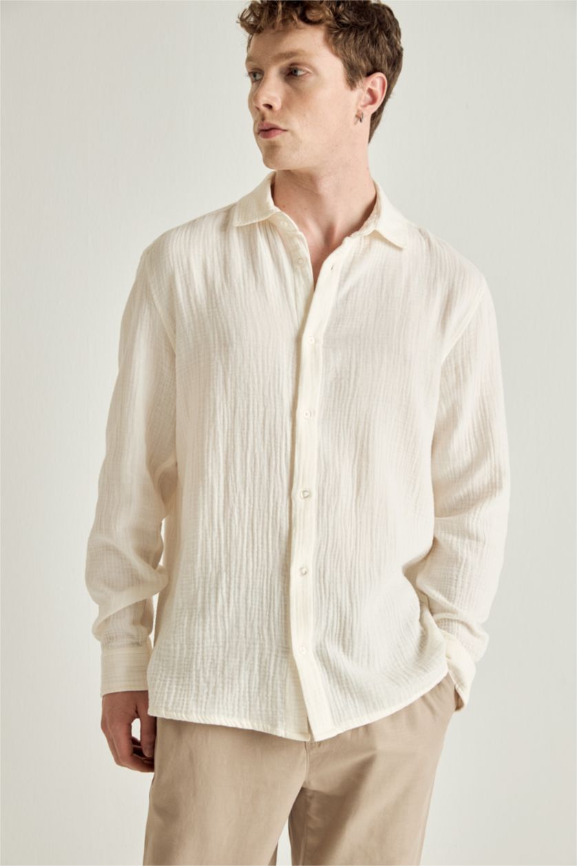 رجال أبيض Regular Fit Muslin Long Sleeve Shirt