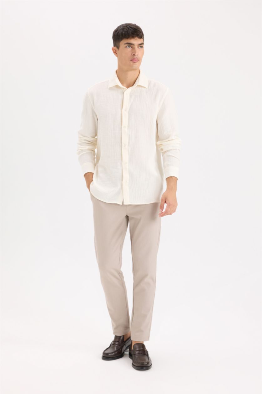 Man White Regular Fit Polo Collar Muslin Long Sleeve Shirt