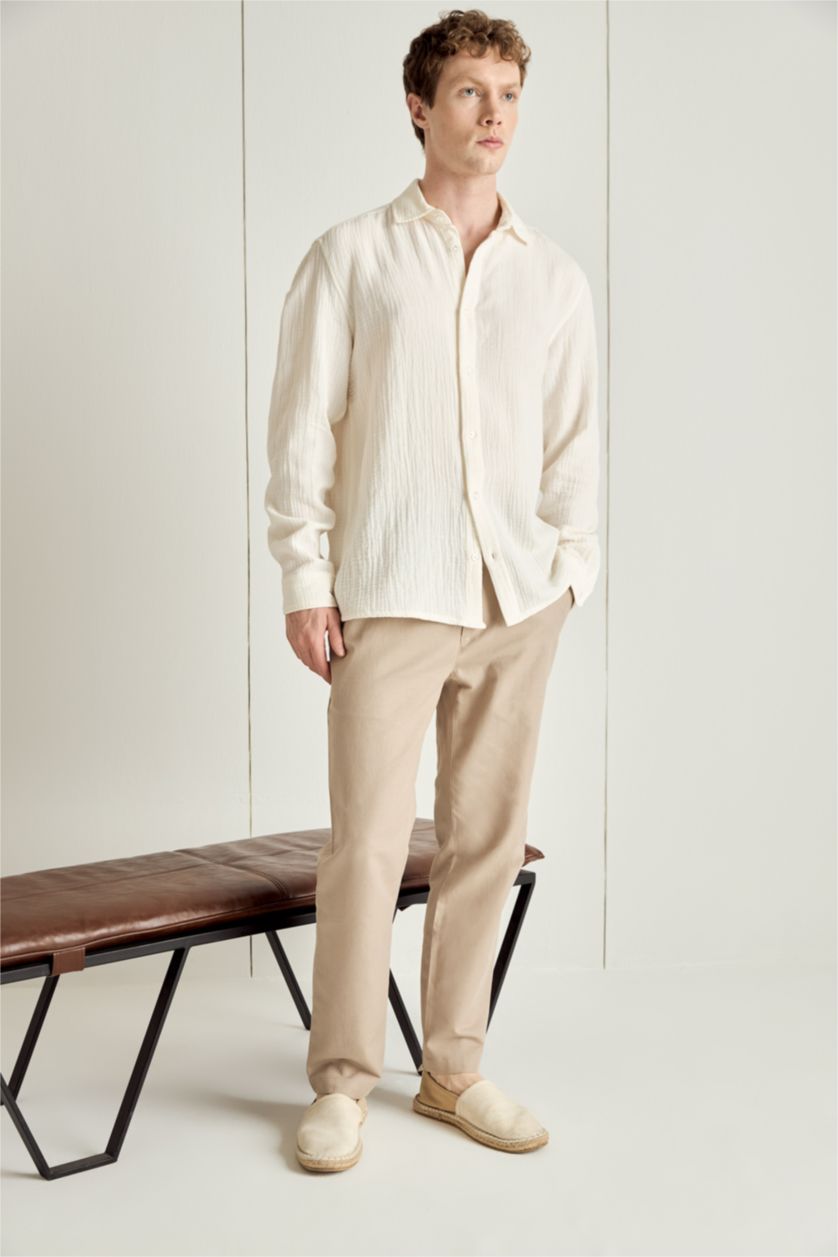 رجال أبيض Regular Fit Muslin Long Sleeve Shirt