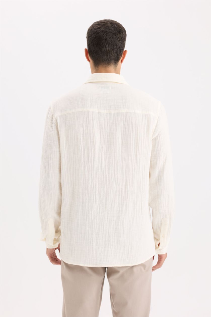 Man White Regular Fit Polo Collar Muslin Long Sleeve Shirt