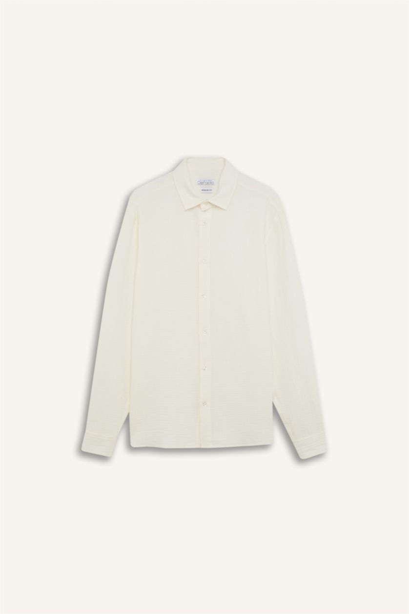 Man White Regular Fit Polo Collar Muslin Long Sleeve Shirt