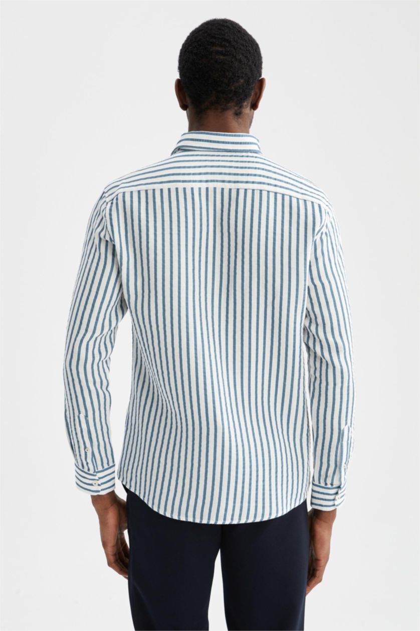 HOMME Bleu Chemise à manches longues en coton à motif de lignes de coupe moderne