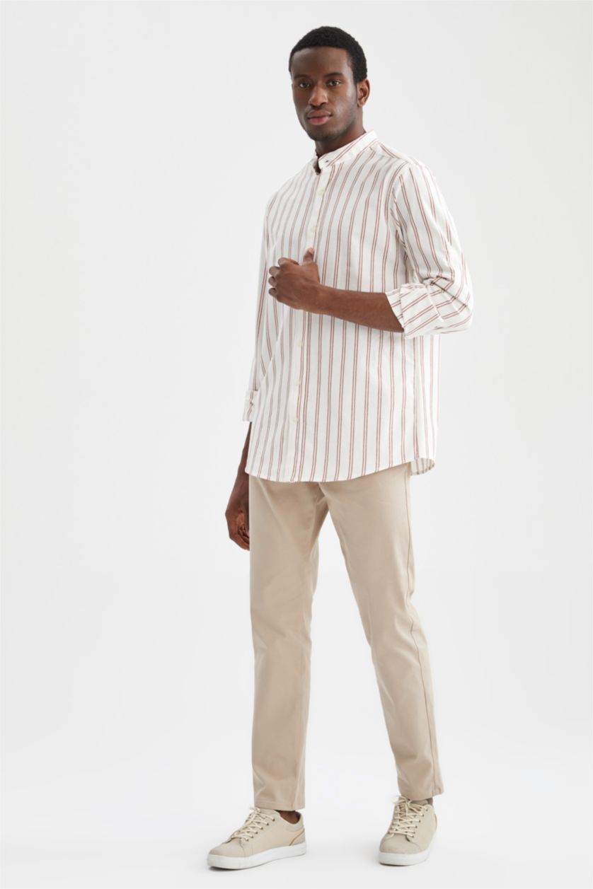 HOMME Marron Clair Chemise à manches longues en coton à rayures et à col coupe classique