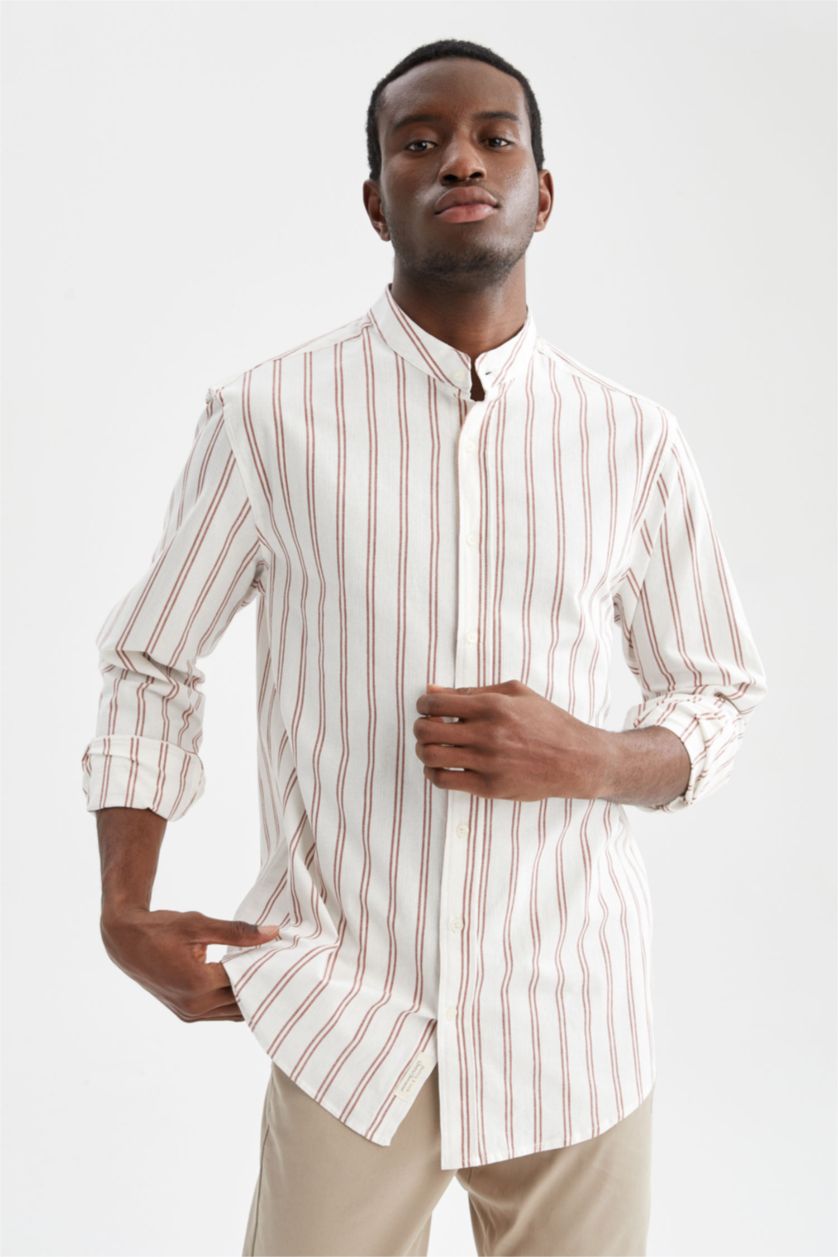 HOMME Marron Clair Chemise à manches longues en coton à rayures et à col coupe classique