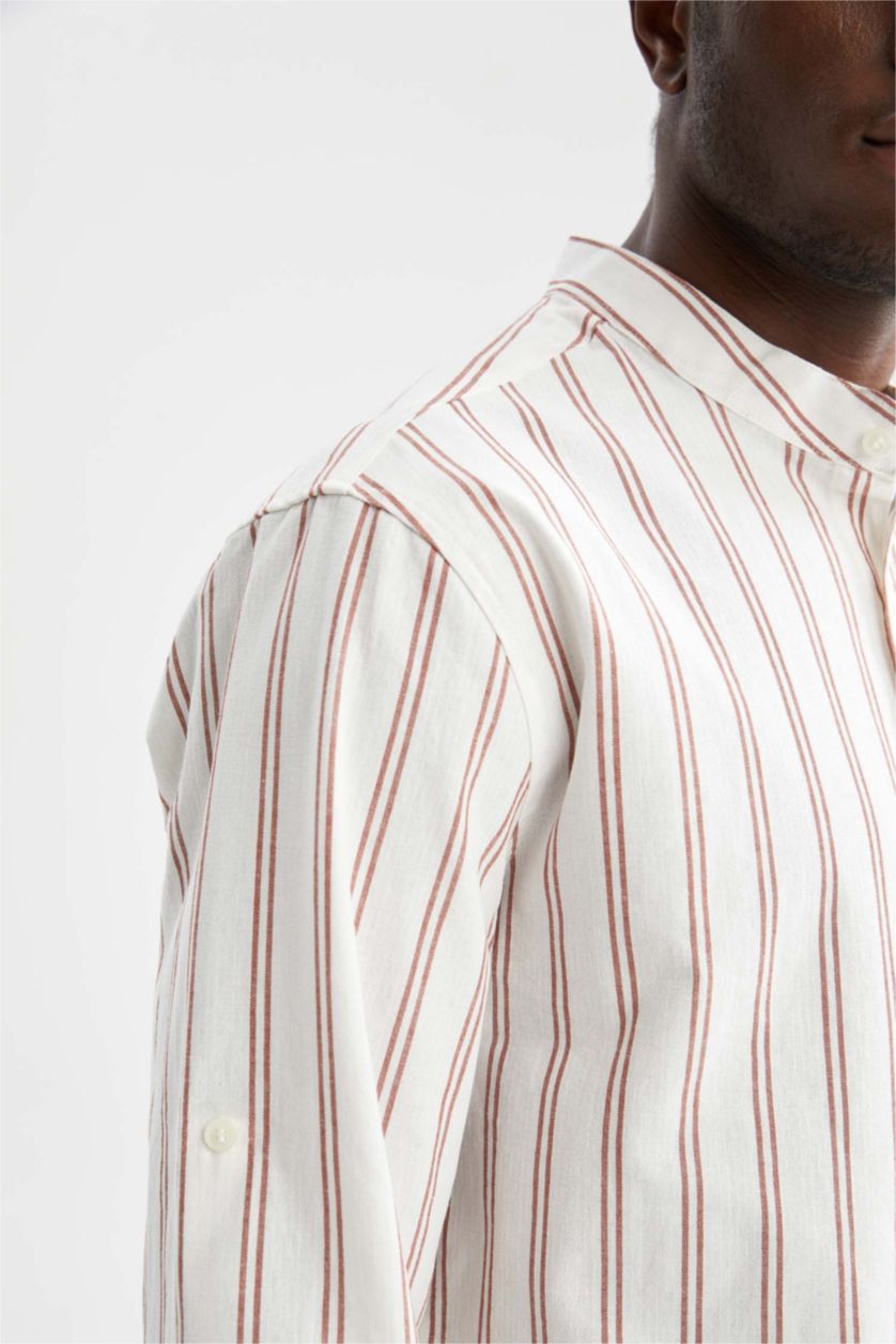 HOMME Marron Clair Chemise à manches longues en coton à rayures et à col coupe classique