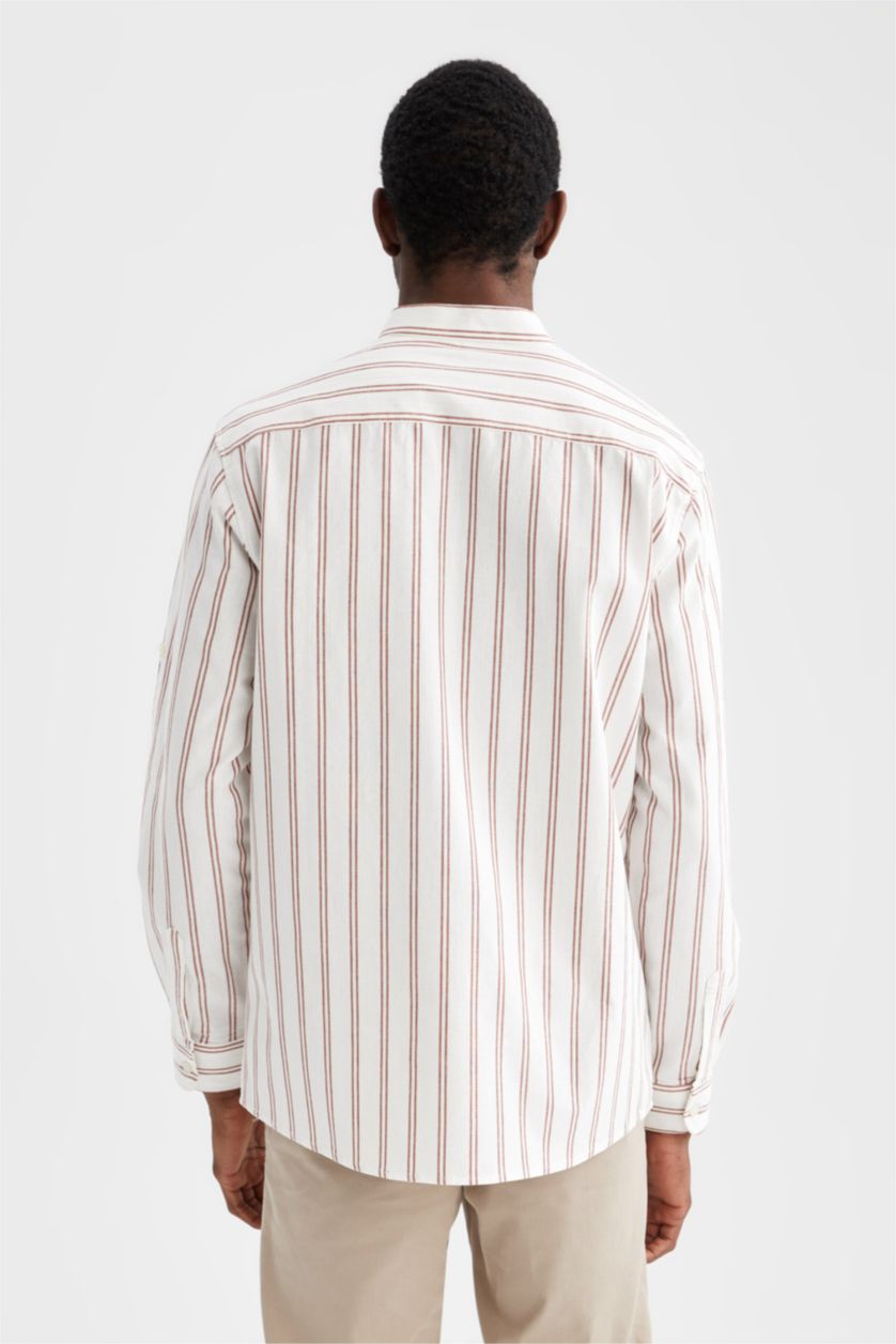 HOMME Marron Clair Chemise à manches longues en coton à rayures et à col coupe classique