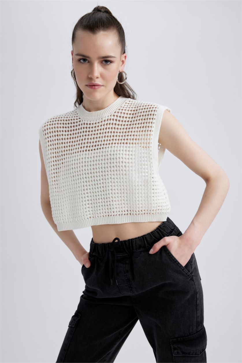 WOMAN Ecru Half Turtleneck Crochet Knit Sweater