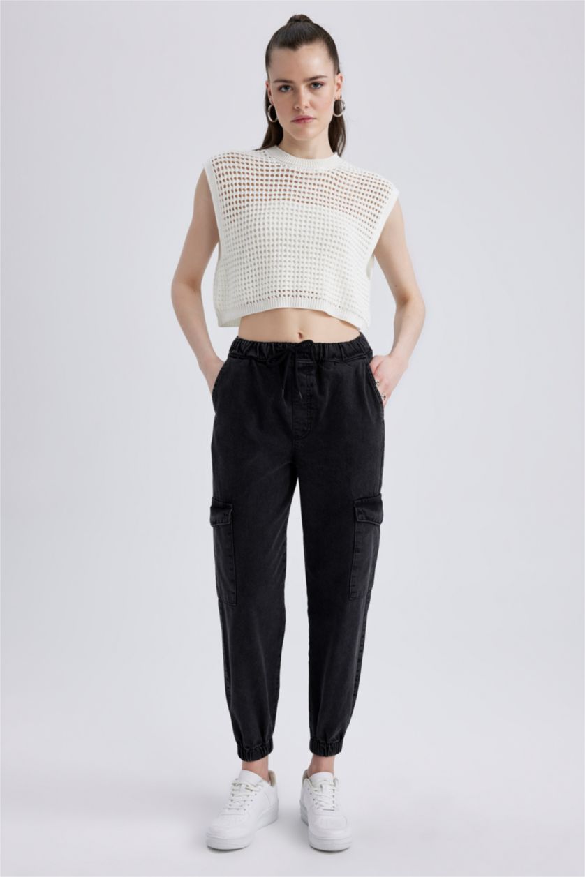 WOMAN Ecru Half Turtleneck Crochet Knit Sweater