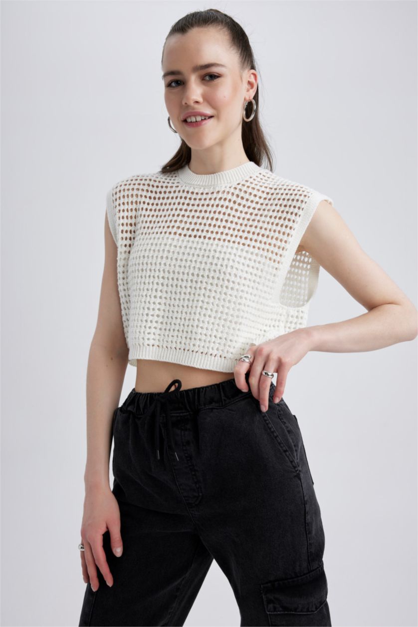 WOMAN Ecru Half Turtleneck Crochet Knit Sweater