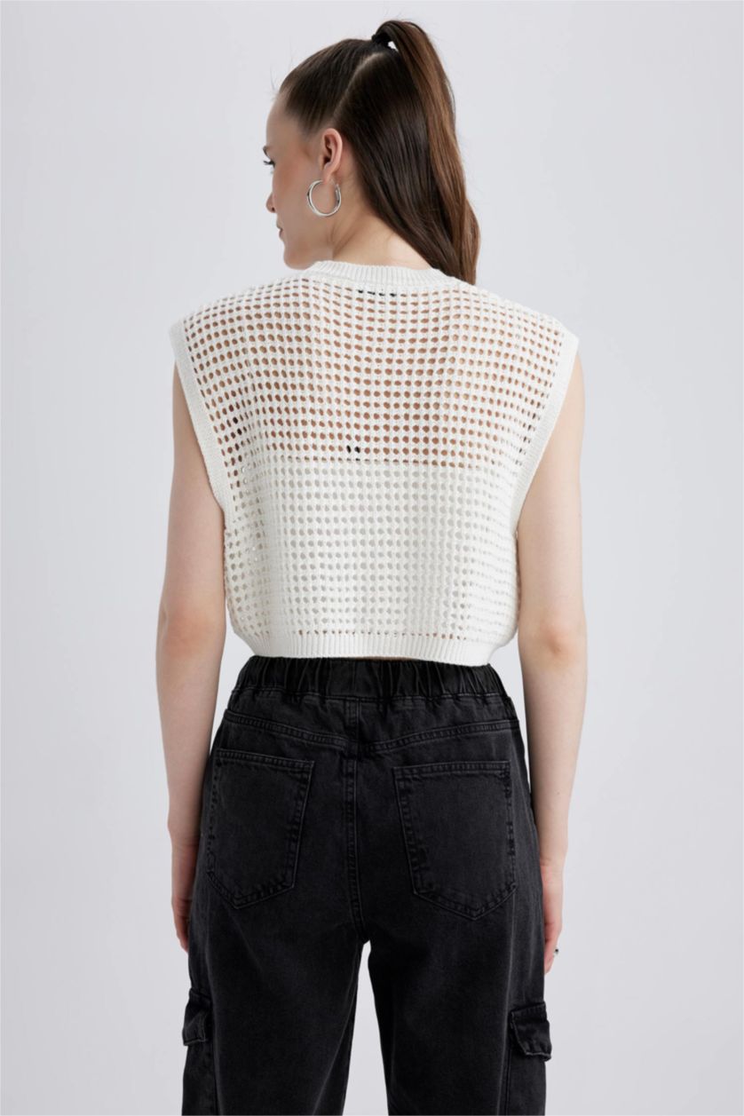 WOMAN Ecru Half Turtleneck Crochet Knit Sweater