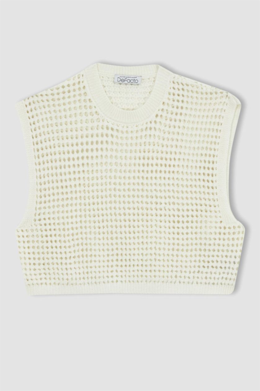 WOMAN Ecru Half Turtleneck Crochet Knit Sweater