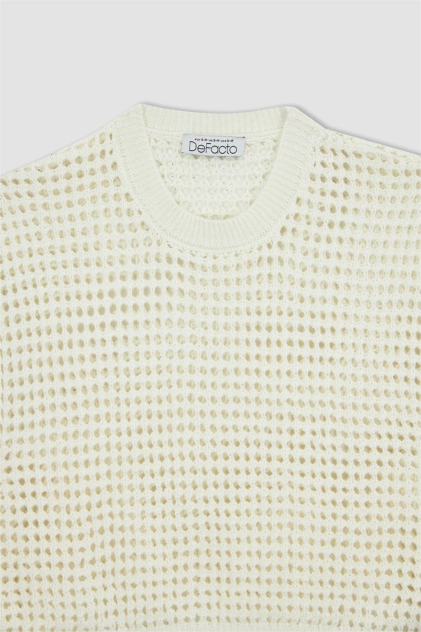 WOMAN Ecru Half Turtleneck Crochet Knit Sweater