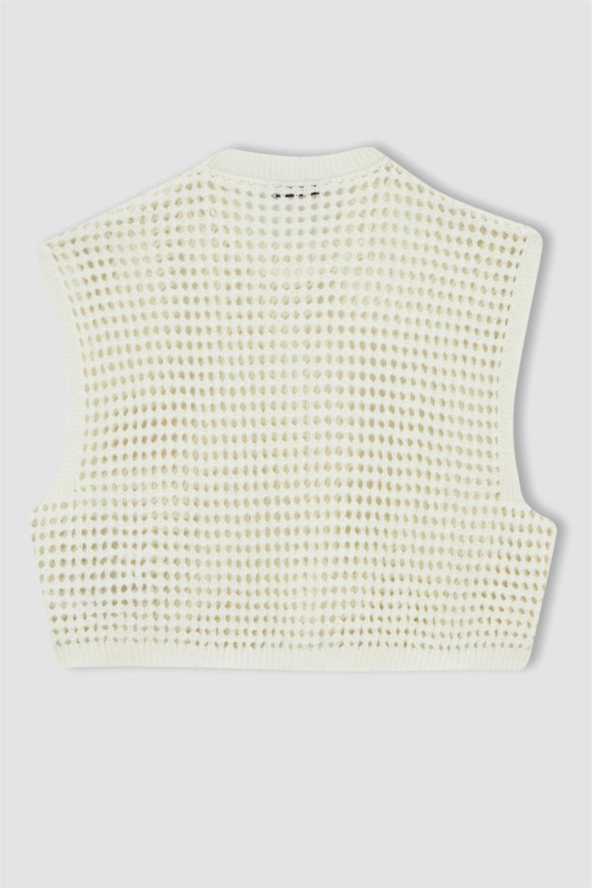 WOMAN Ecru Half Turtleneck Crochet Knit Sweater