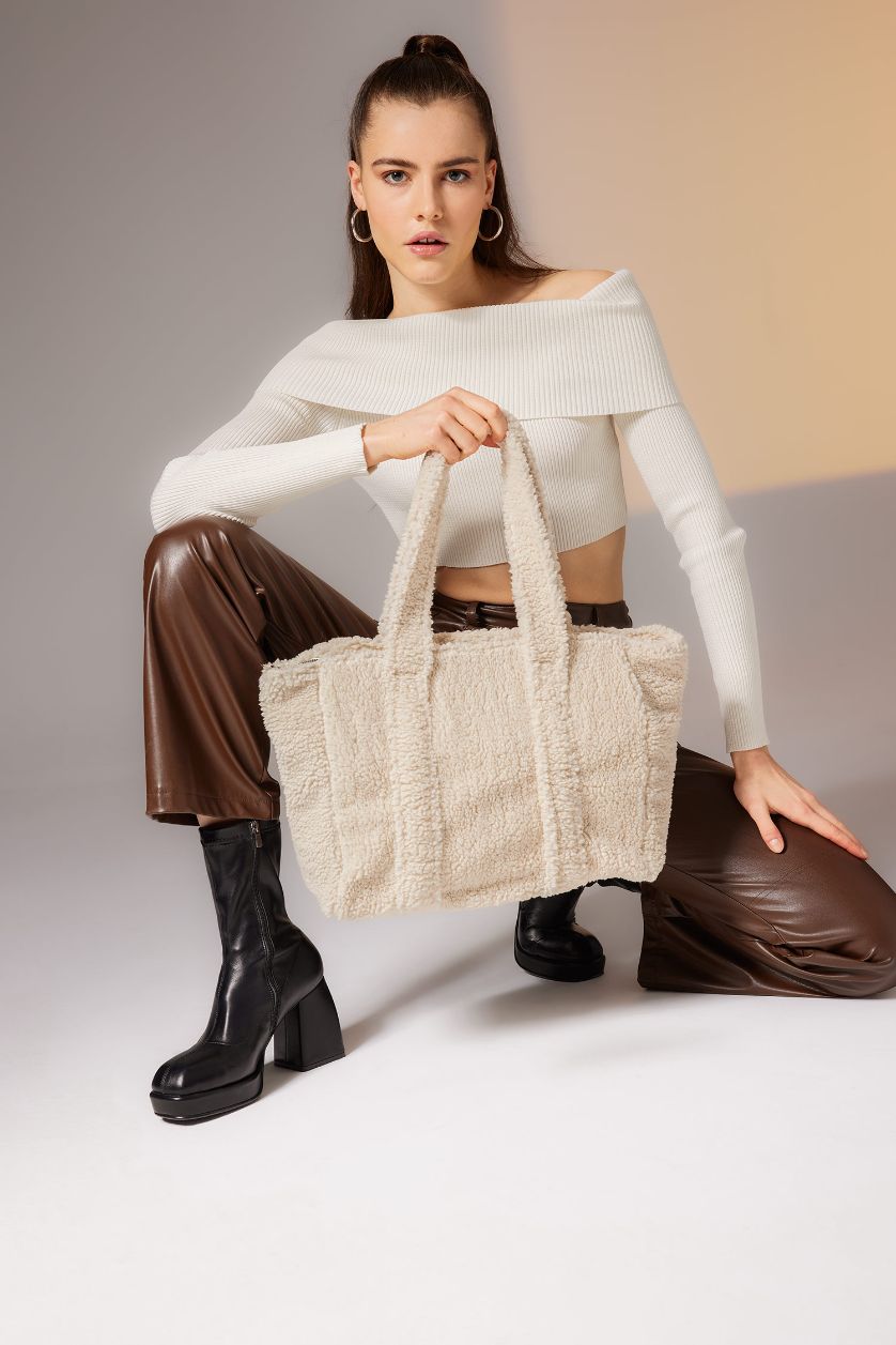 Kadın Vizon Kadın Suni Kürklü Tote Omuz Çantası