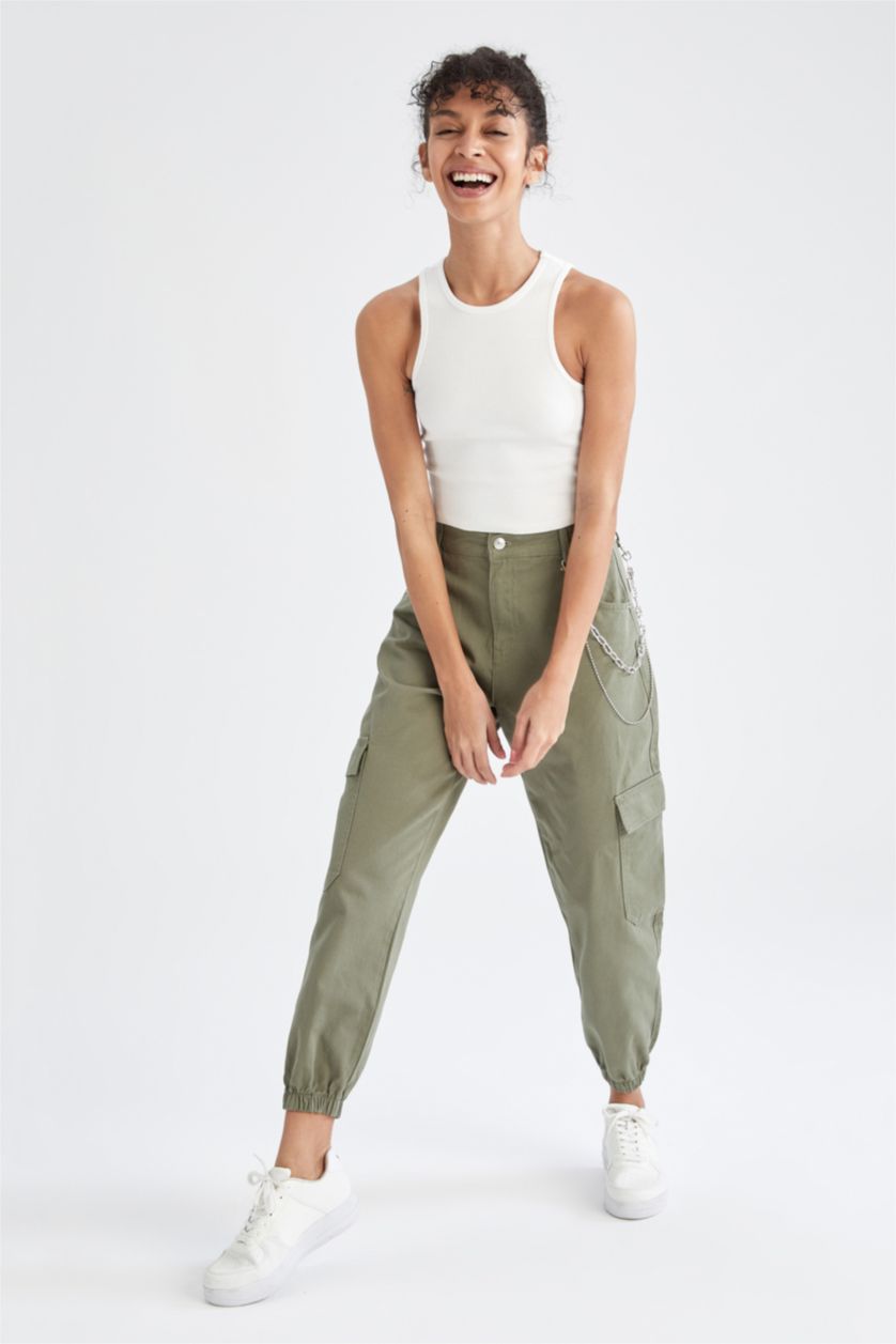 Woman Khaki Normal Waist Cargo Jogger Trousers